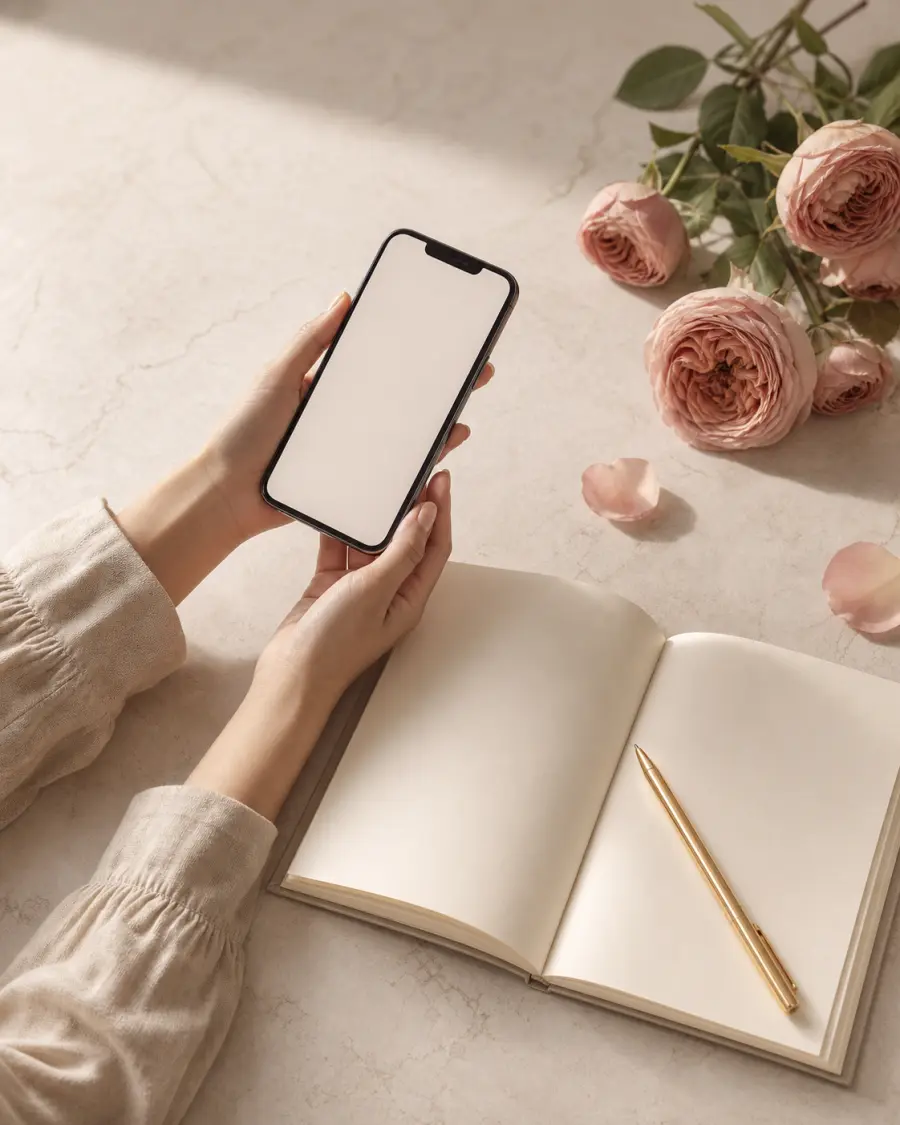 ローズの花とノートのそばでスマートフォンを手にする様子