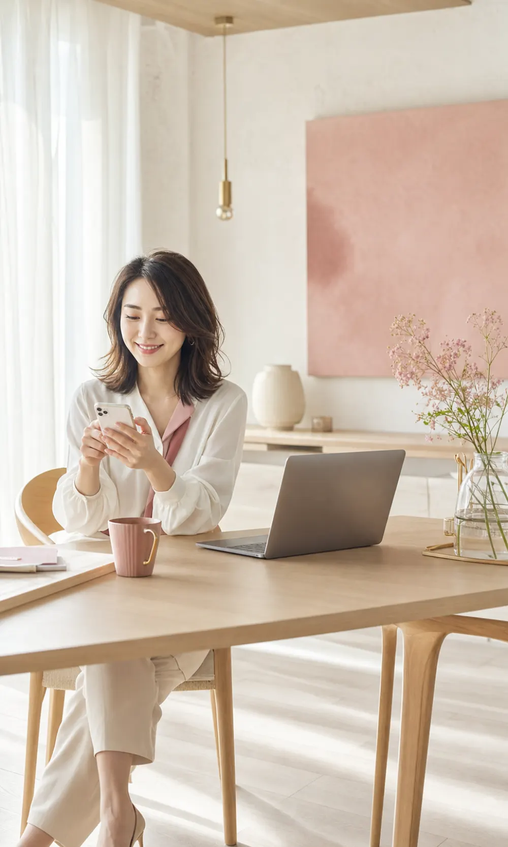 明るい仕事場でノートパソコンとスマートフォンを使う30代の女性起業家