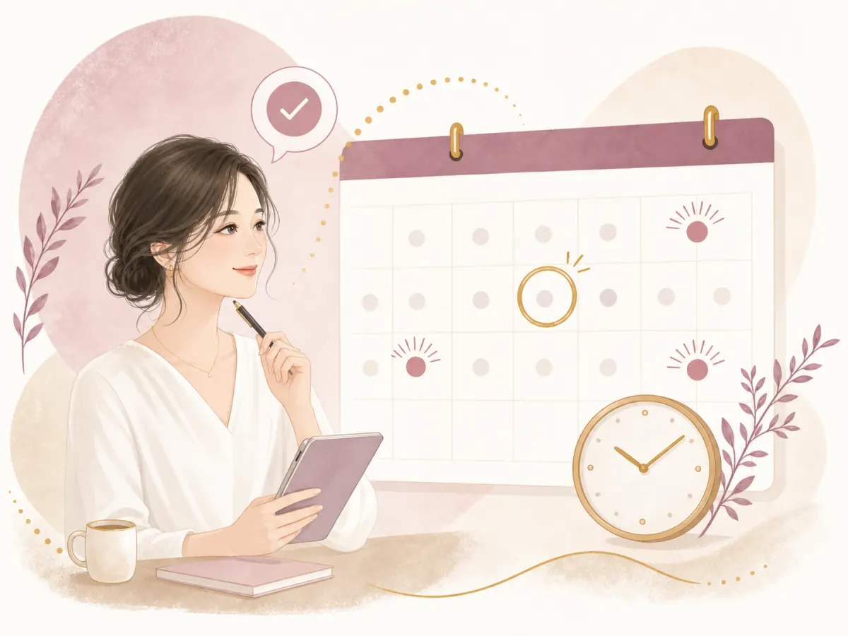 カレンダーと時計を見ながら、安全な切り替え日時を決める女性のイラスト