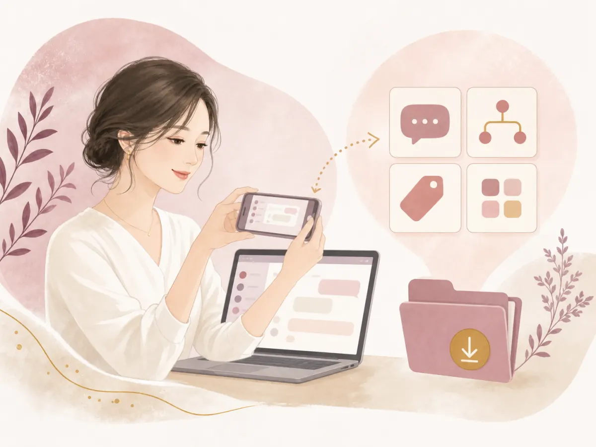 現在の設定画面をスマホで撮影し、必要な情報を保存する女性のイラスト