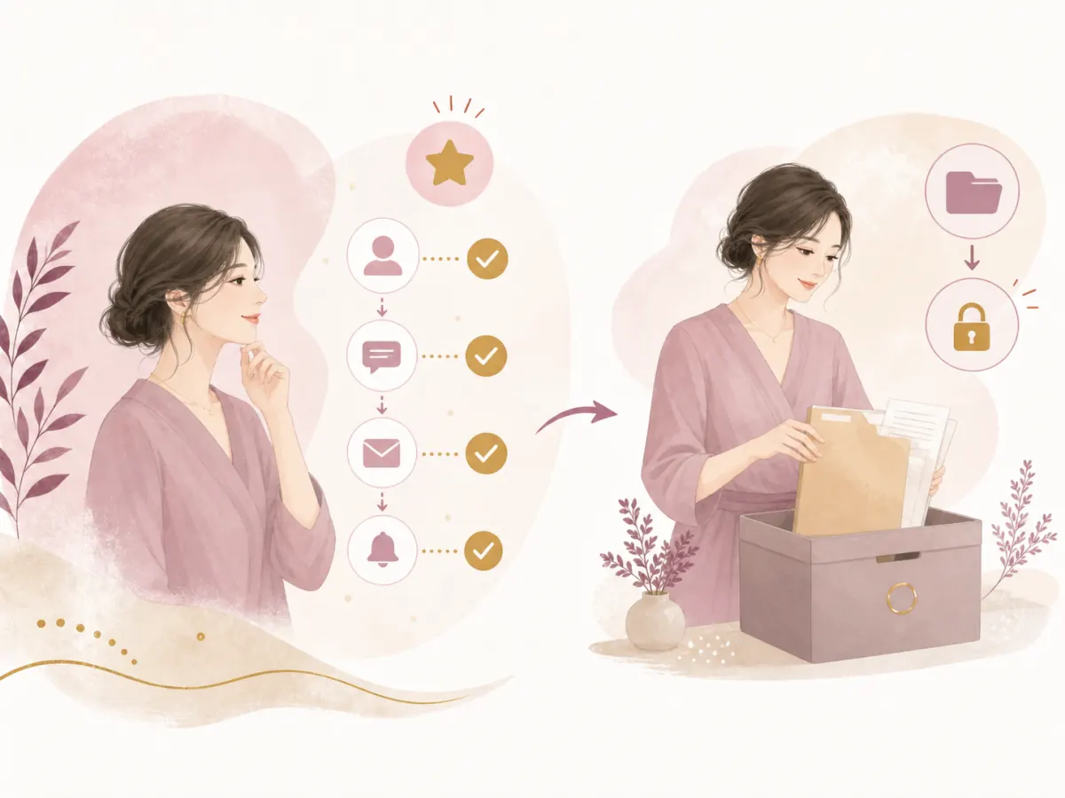 新しい導線の安定を確認してから、旧ツールの資料を整理する女性のイラスト