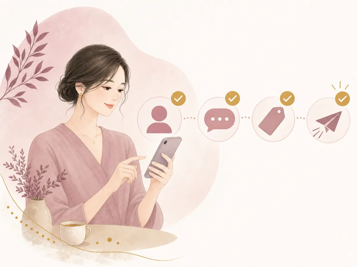友だち追加からテスト配信までを自分のスマホで順番に確認する女性のイラスト