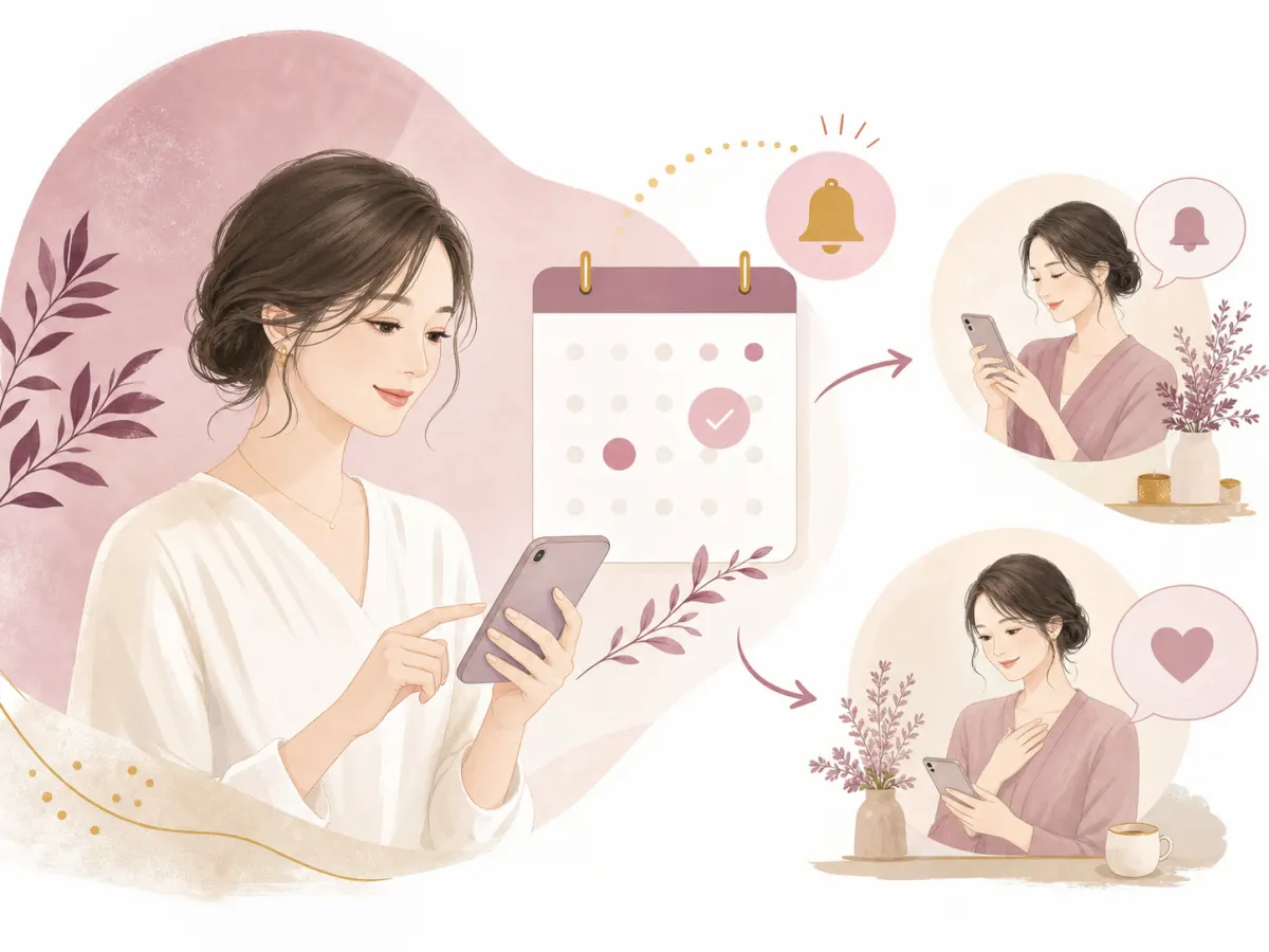 スマートフォンで予約し通知を受け取る様子のイラスト