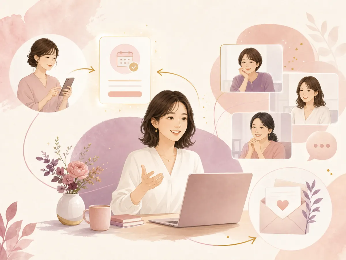 オンライン講座の申込みからフォローまでを描いたイラスト