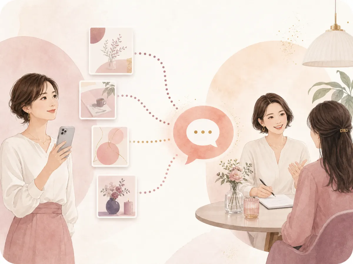SNSからLINEの相談へつながる流れを描いたイラスト